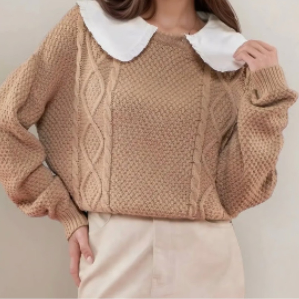 Blu Pepper NWT Medium Doll Collared CableKnit Once Upon a time Sweater taupe - Picture 5 of 14